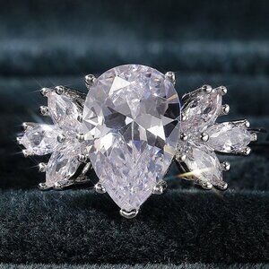 😍Beautiful Water Drop With Leaf Crystal Pure CZ Silver Pear Wedding Ring, K800